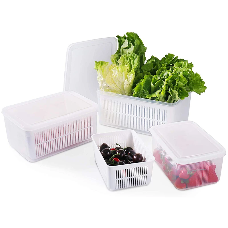 

HOT-Food Storage Container For Fridge, (3 Pack) Fresh Vegetable Storage Container With Strainer, Stackable Freezer Food