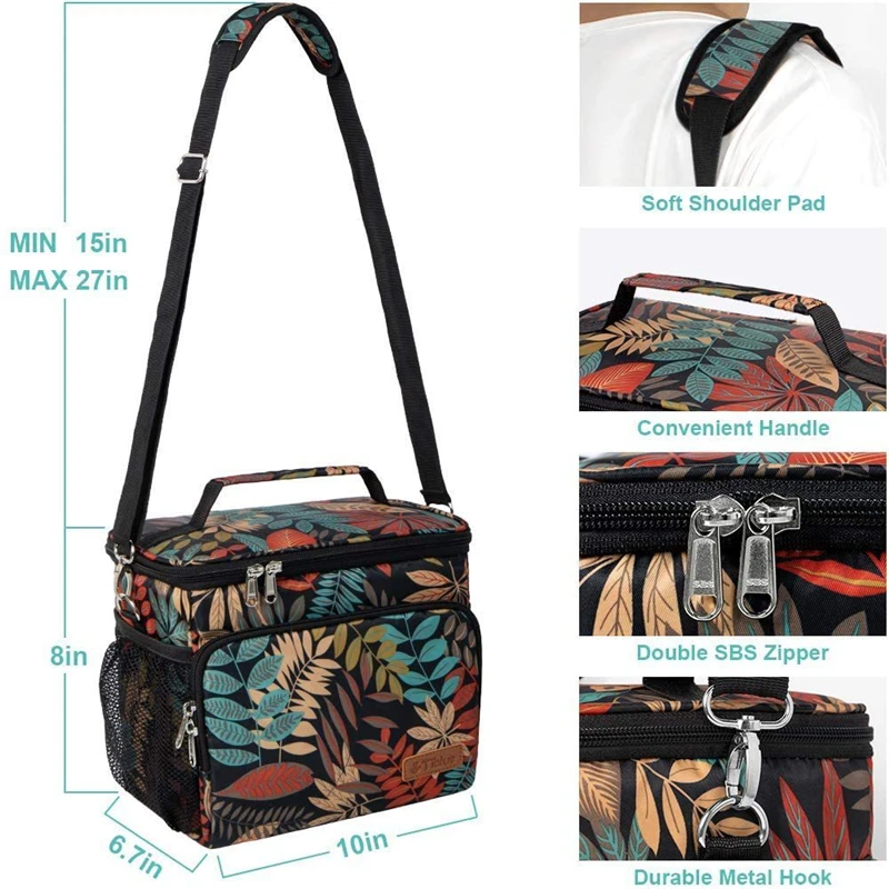 Saco de Almoço Portátil Floral de Grande Capacidade Saco Térmico De Alimentos, Refrigerador De Praia, Bolsa De Piquenique, Tote Isolado, Bolsa De