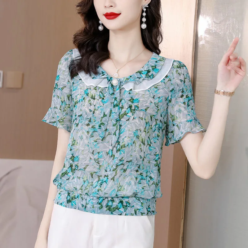 2024 Summer Women\'s Fashion Print Ruffle Bow Blouse Elegant Short Sleeve Chiffon Shirt Casual O Neck Loose Tops Blusas De Mujer