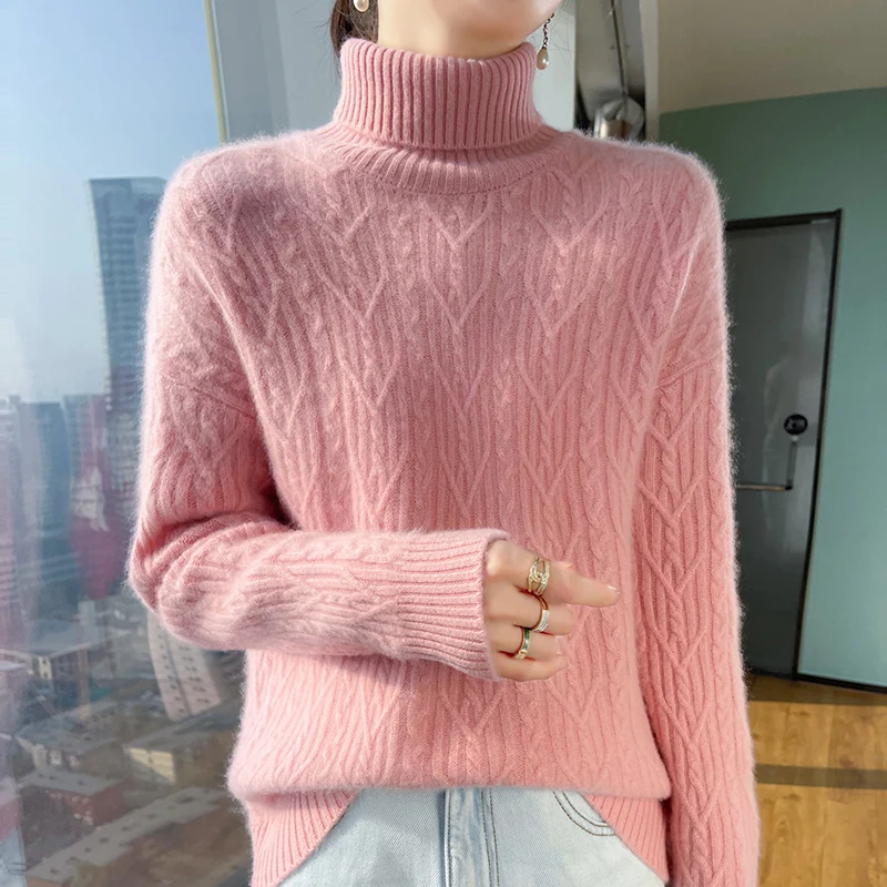 Autumn and winter new 100% merino wool cashmere sweater women\'s turtleneck solid color slim thickened fashion knit bottoming top