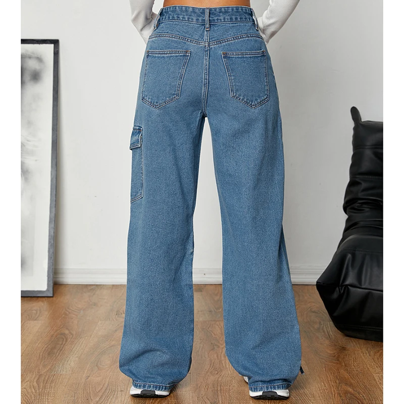 Blue Bow Detail Chic Jeans Women Loose Harajuku Y2K Straight Denim Pants American High Street Patchwork Pocket Wide Leg Trousers
