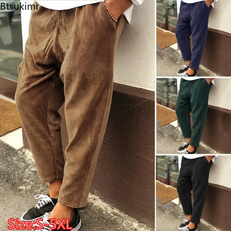 New 2026 Men's Corduroy Ankle Length Pants Fashion Solid Drawstring Straight Pants Male Business Casual All-match Trousers S-5XL