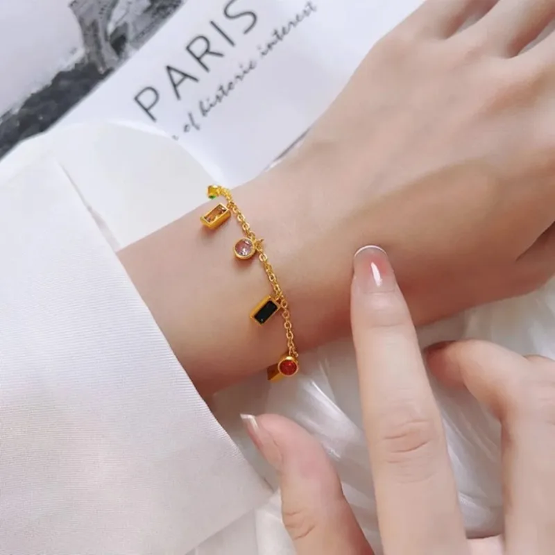 Kolmnsta Colored Zircon Square Crystal Tassel Necklace For Women Girls Gold Plated Choker Titanium Steel Bracelet Jewelry Sets
