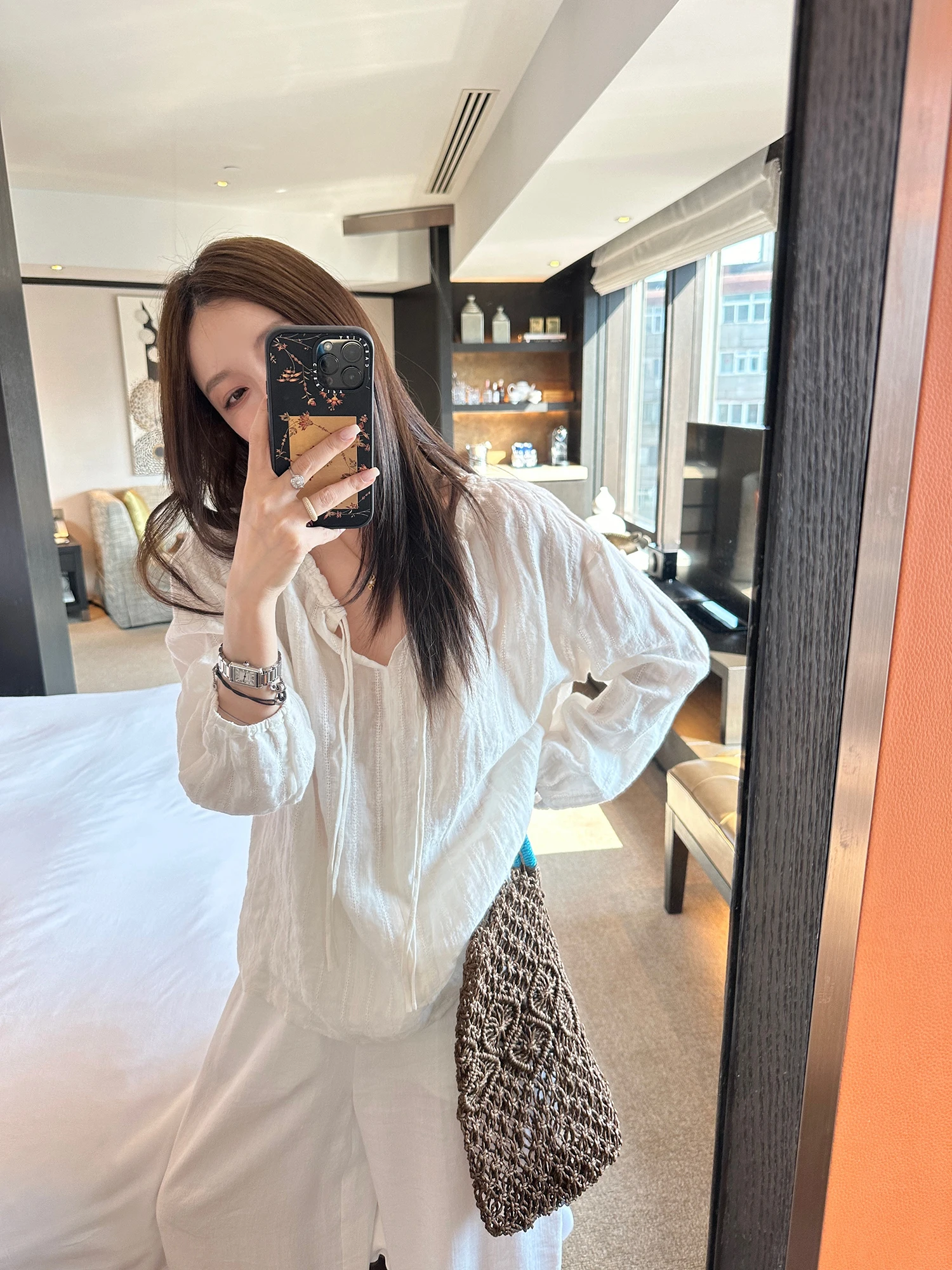 

Женская солнцезащитная блузка с эффектом похудения, 100% лен, свободный крой, V-образный вырез, прозрачные объемные элементы с декоративной застежкой