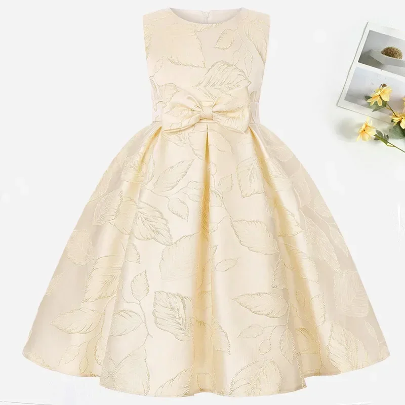 Embroidered Bow Dress Children Fashion Solid O-Neck Kids Sleeveless Princess Dresses Party Girls Costume Spring Summer