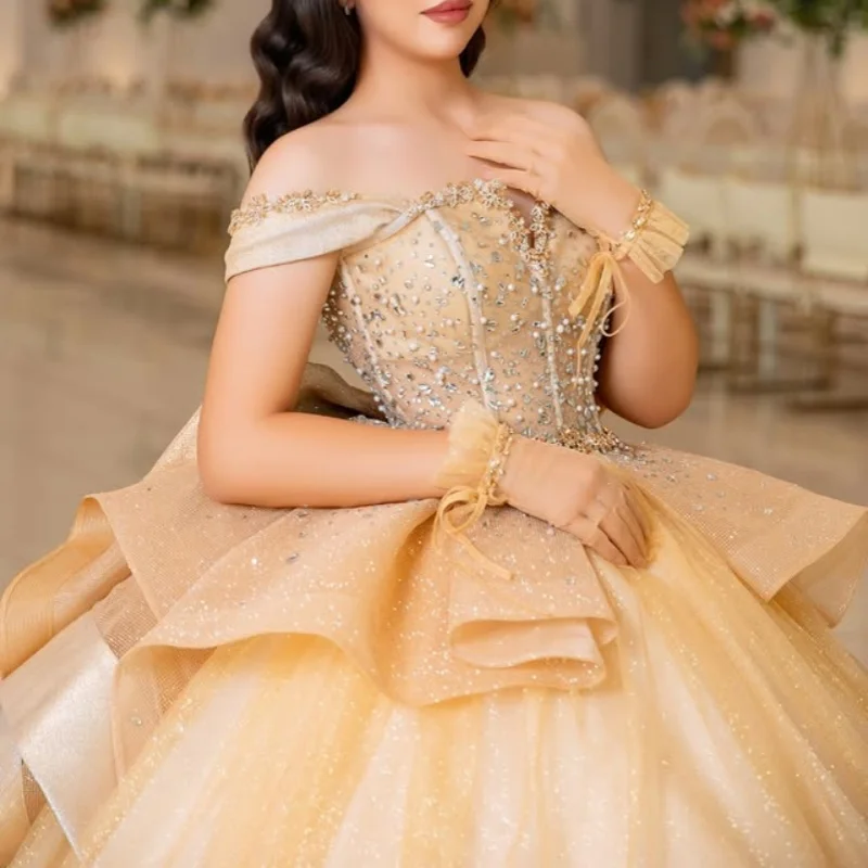 

Shiny Champagne Gold Quinceanera Dress glitter crystal Decal Lace layering Long tail Bow Vestidos De 15 Quinceanera ﻿Customize