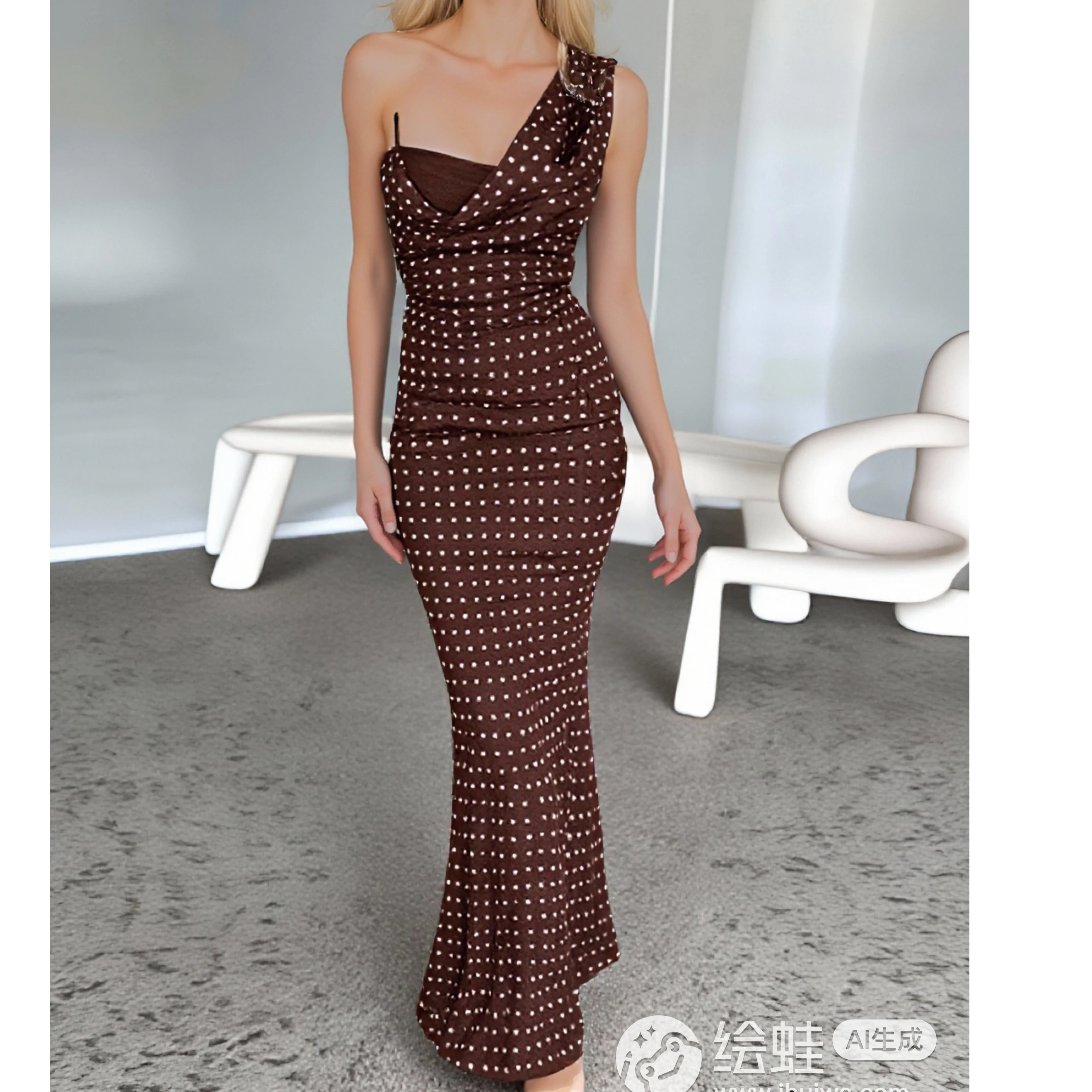 Abito lungo aderente a coda di pesce aderente con stampa a pois senza maniche da donna premium per la qualità delle feste in vacanza al mare Nuovo 2026