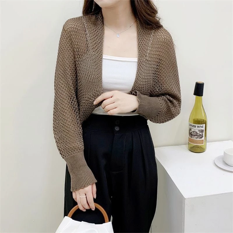 Summer Women Thin Sunscreen Cardigan Lace-up Knitwear Tops Female Korean Style Lantern Sleeve Short Coat Casual Sun Protected