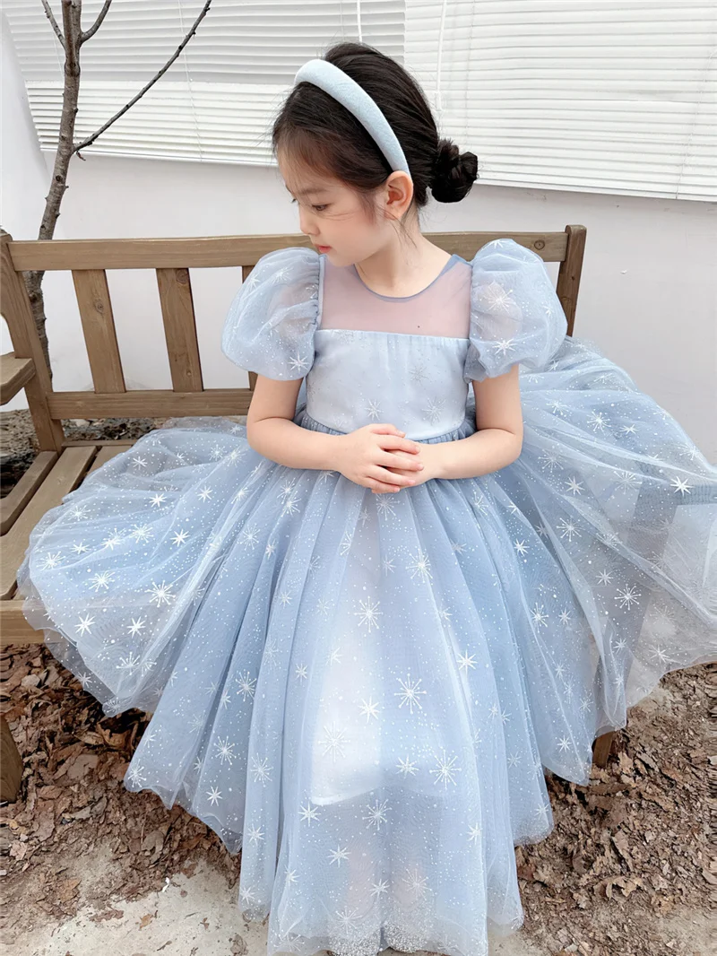 Girls Princess Long Dress Teen Fashion Bow Print Puff Sleeve Tutu Formal Party Gown Ball New Children Evening Dress 3-12 Years
