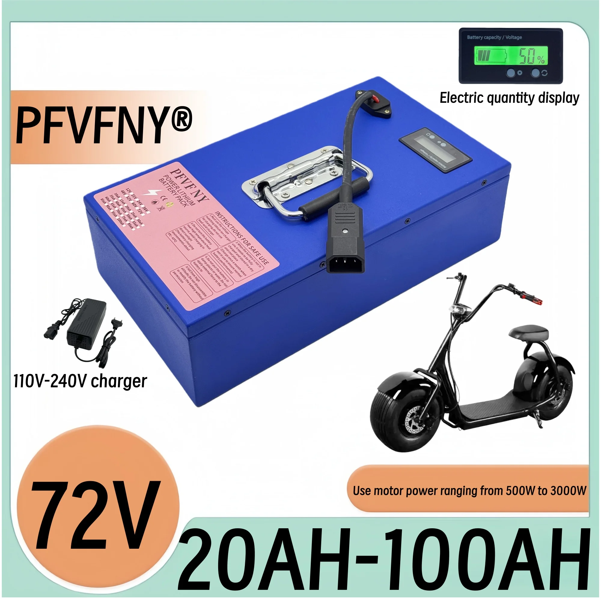 

PFVFNY 72V 20-100AH 18650 lithium battery, 24-hour shipping, air transportation, with BM system battery, safe