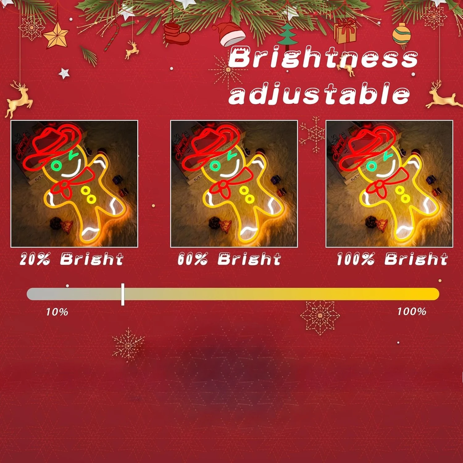 ป้ายไฟนีออนรูปคาวบอยขนมปังขิงสำหรับตกแต่งคริสต์มาส ไฟ LED ปรับความสว่างได้ผ่านพอร์ต USB สำหรับร้านอาหาร ร้านค้า งานปาร์ตี้ ตกแต่งธุรกิจ