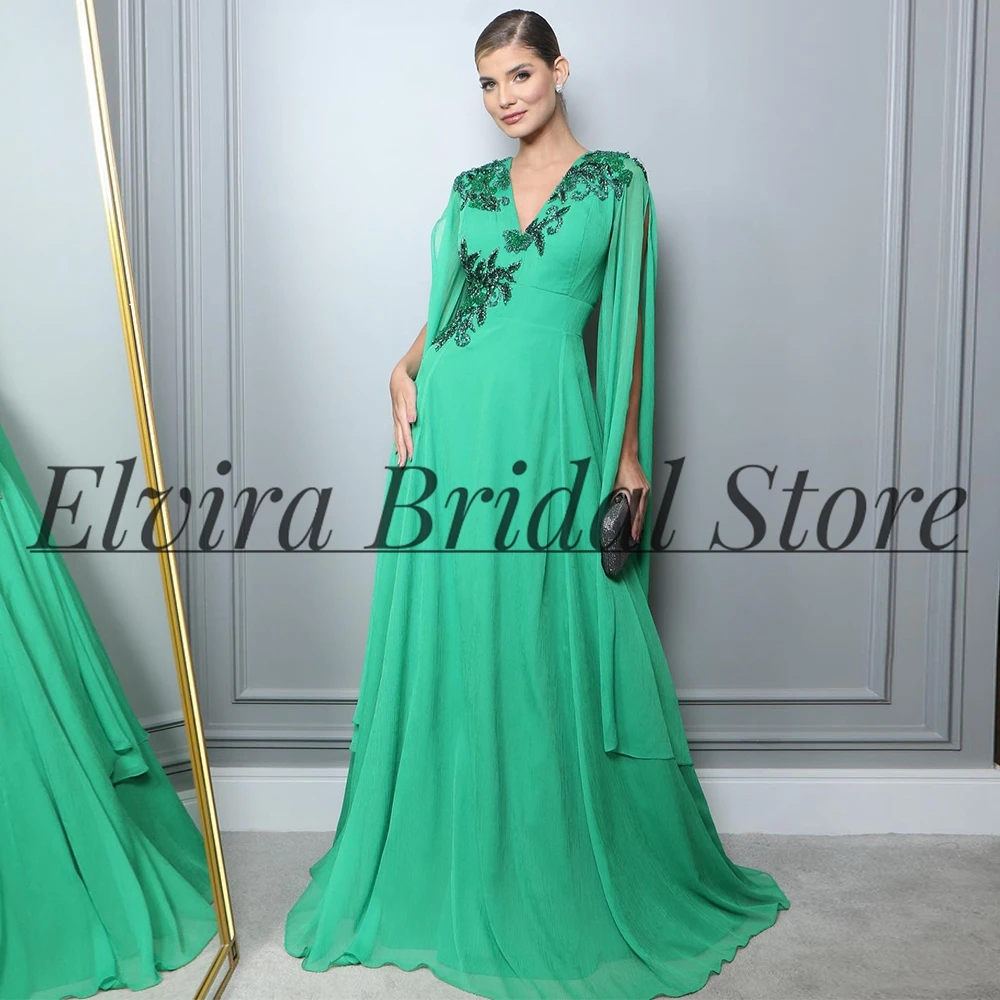 Customized Green Chiffon Prom Dress for Woman Formal A Line Appliques V Neck Evening Gowns with Ribbons Special Occasion Custom