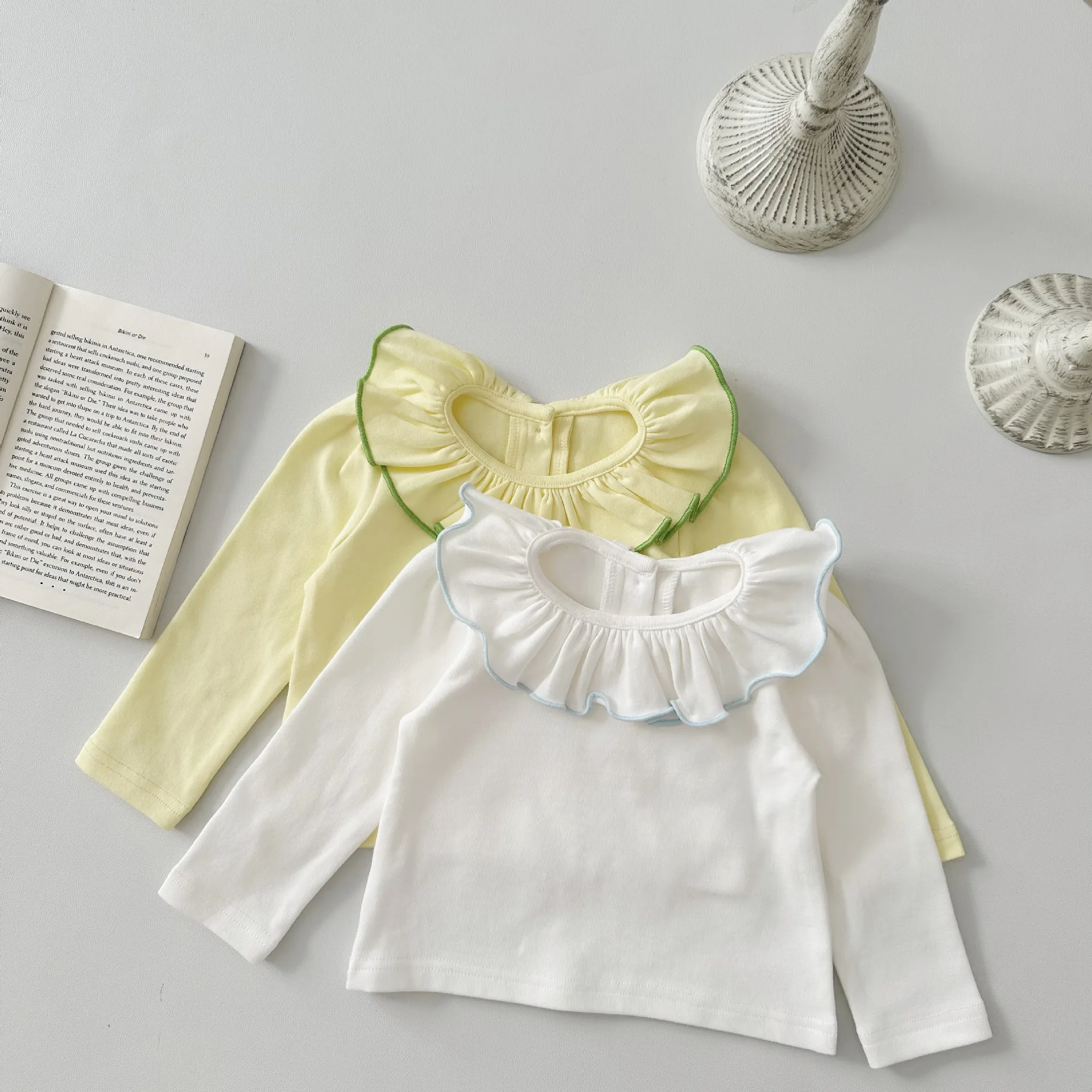 

2024 Spring New Baby Long Sleeve Bottoming Shirt Cotton Infant Girl Ruffled Collar Solid Tops Toddler Simple Versatile Pullover