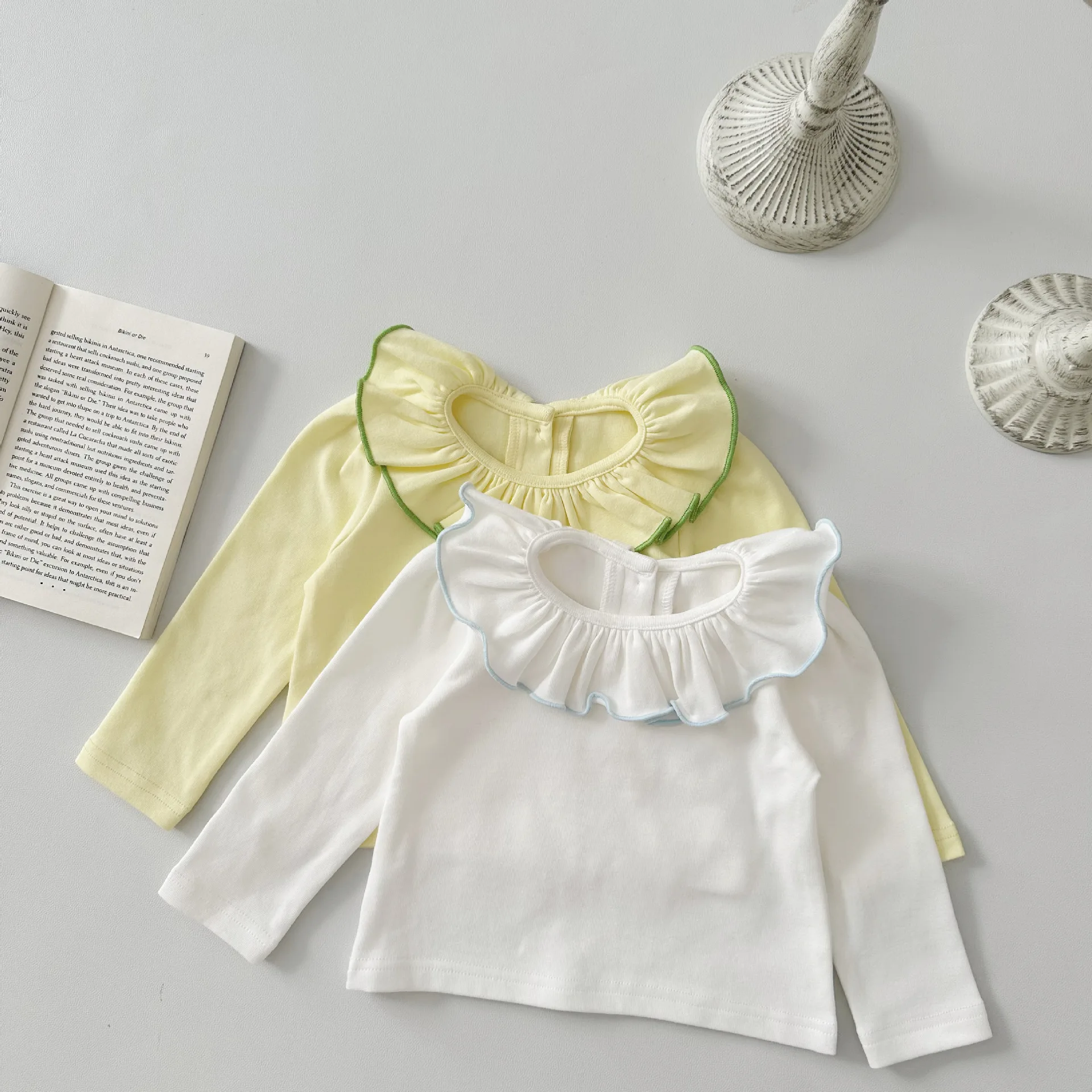 2025 Spring New Baby Long Sleeve Bottoming Shirt Cotton Infant Girl Ruffled Collar Solid Tops Toddler Simple Versatile Pullover