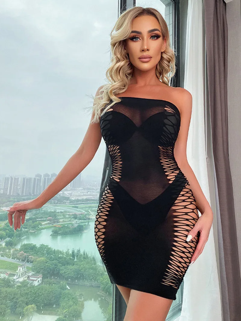 Out Sexy Hollow Mesh Bodysuits Tight Lace Fishing Net See Through One-piece Strapless Package Hip Open Back Bodysuit Elastic 3ZS