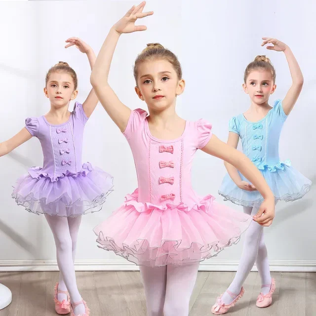 Girls Ballet DanceDress Kids Children Short /Long Sleeves Tulle Bowknot Gymnastics Ballet Core Birthday Party Wear