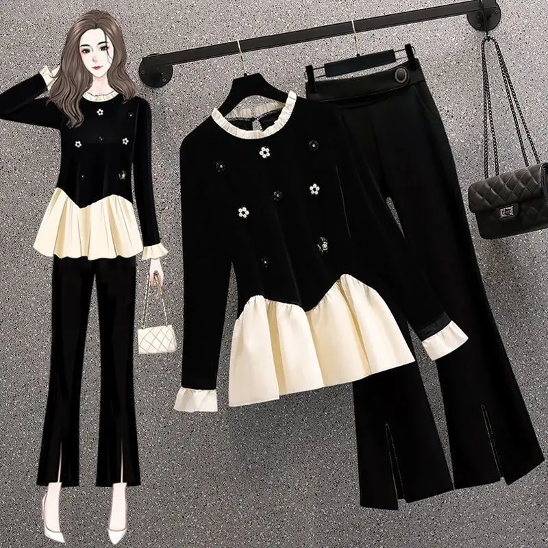 

Women's Spring Autumn Single/Outfits New Fashion Style Vintage Spliced Velvet Shirt Top Micro Flare Pants Two Piece Set