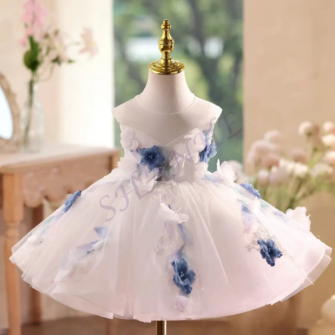 CustomizedElegant White Flower Girl Dress Knee Length with Train Princess Kids Wedding 1st Birthday Pageant Party Gown