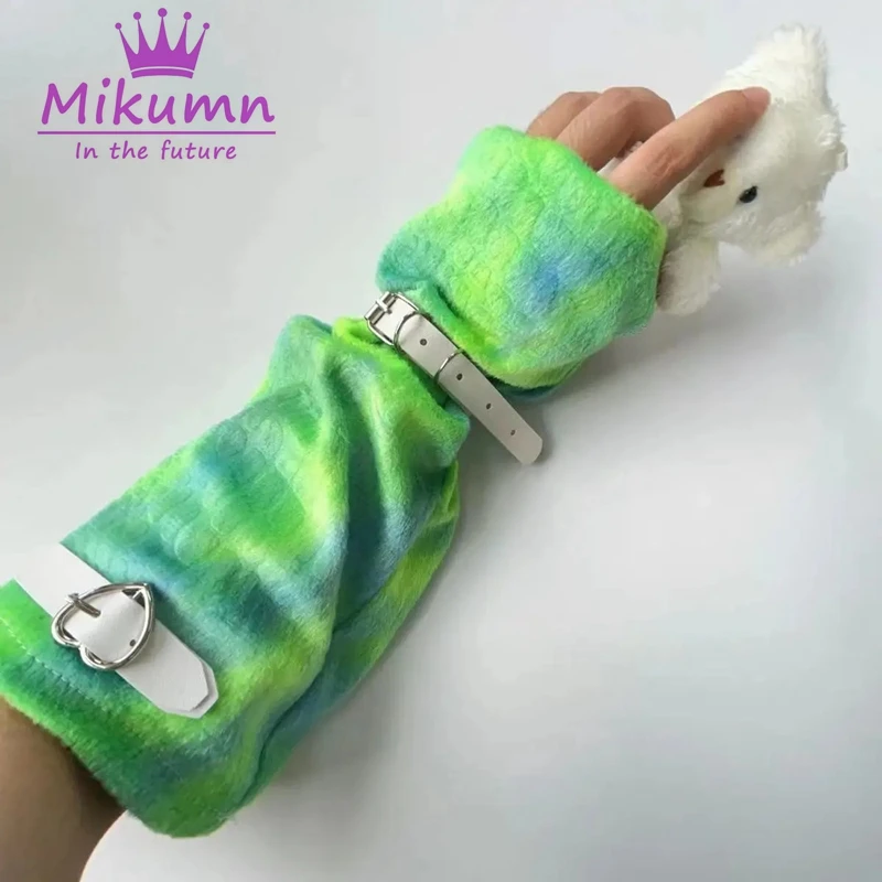 Mikumn Japanese Harajuku Green Fingerless Long Gloves Y2k Grunge Women Adjustable Leather Buckle Half Finger Gloves Streetwear