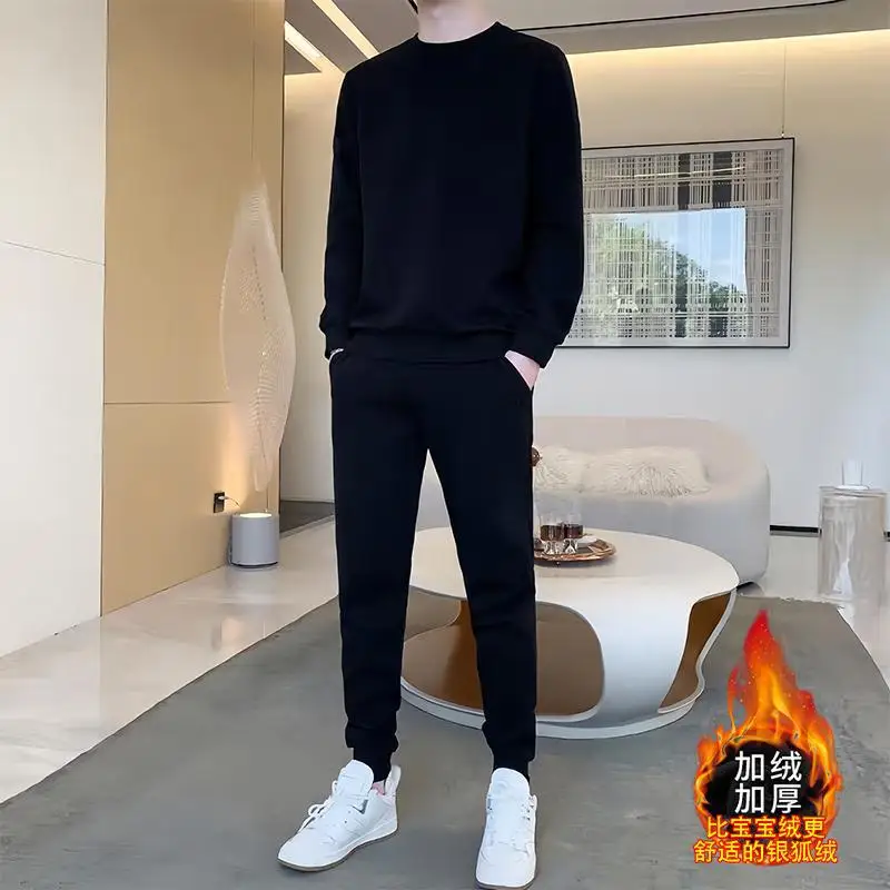 

Men's Clothing Hood Shirt Autumn Winter 2-Piece Set Thicken T Shirts Hoodie Sports Suit Trend Base Layer Youth Leisure Homewear