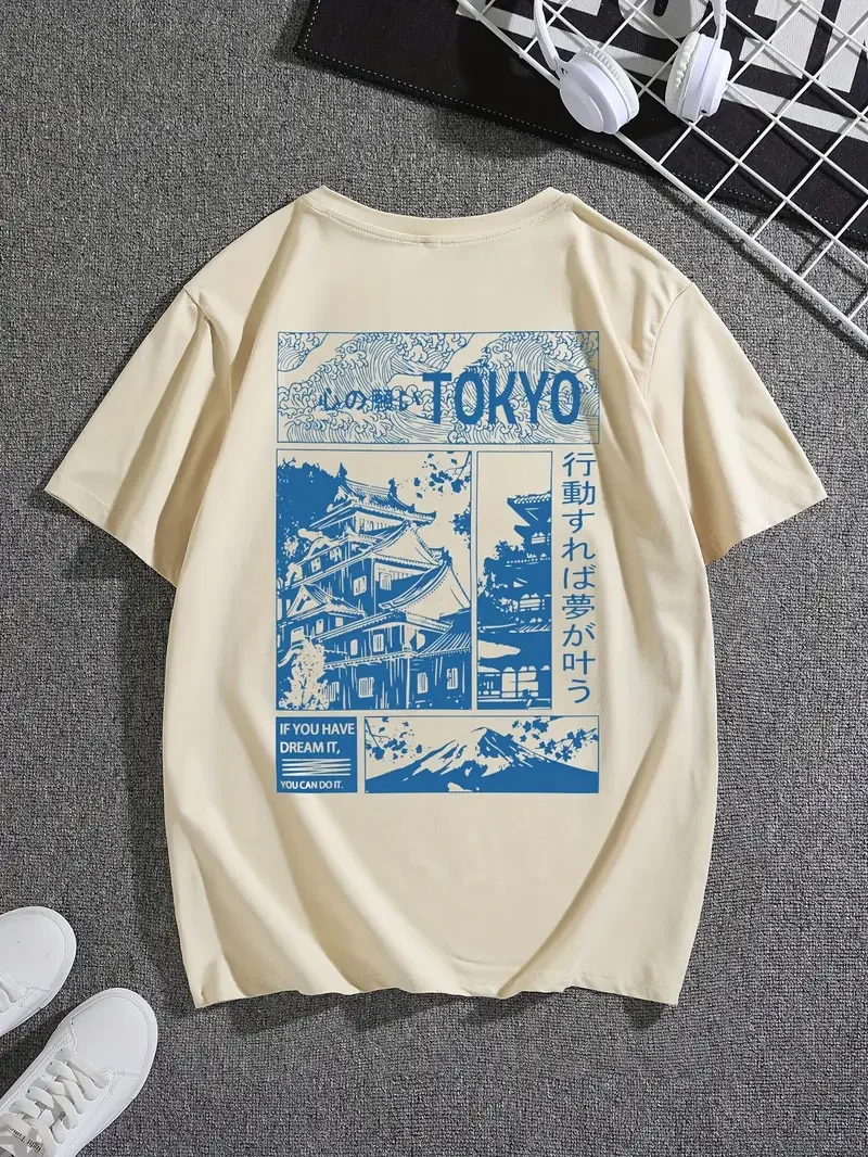 Sommer Harajuku Buchstaben-Grafik T-Shirts Y2k Tokyo Skyline Japanische Architektur Druck Damen Herren Streetwear Vintage Tee Kleidung