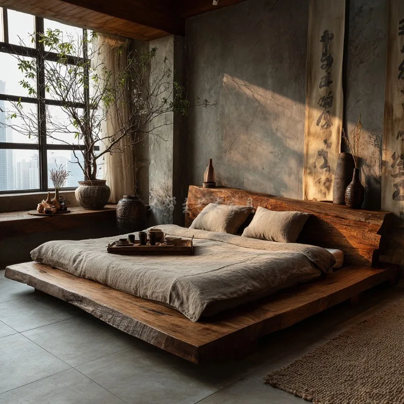 Wabi Sandy Wind Solid Wood Modern Simple Log Wind B & B Hotel Double 1.8