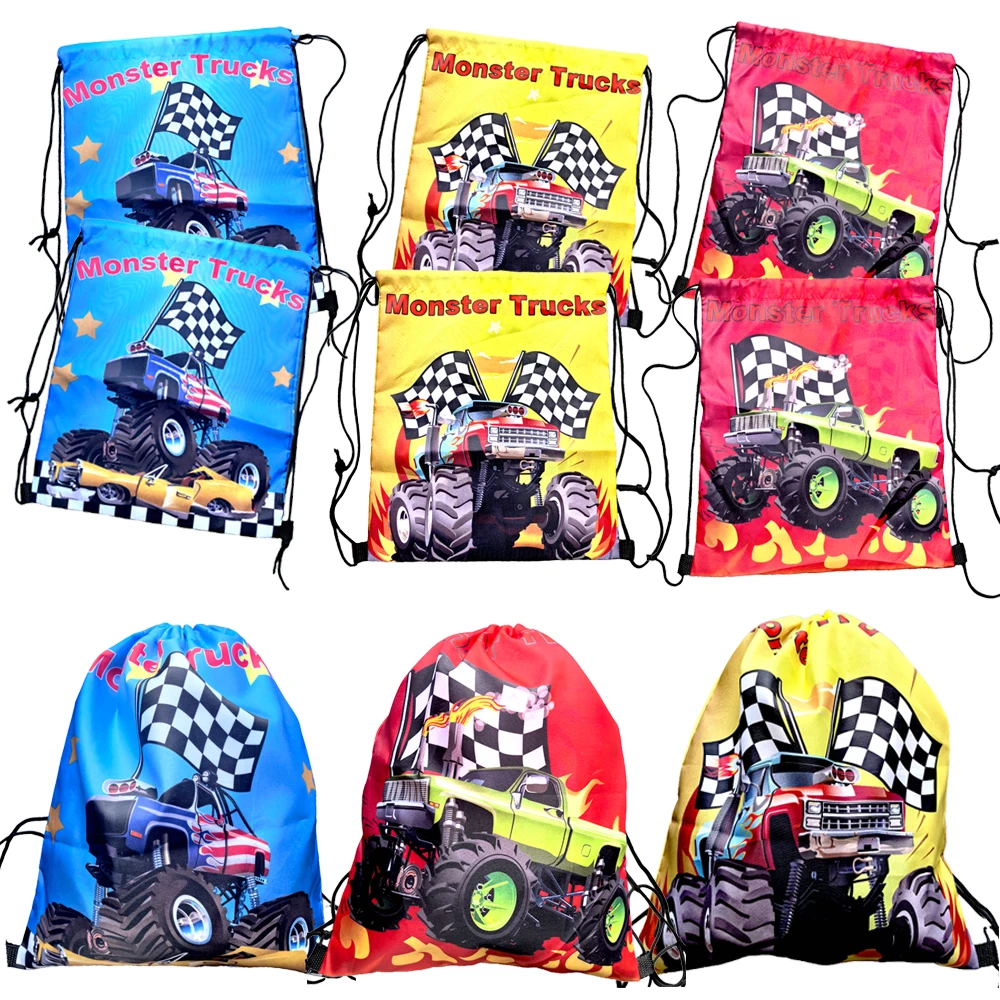 8/12/16/20Pcs Monster Truck Party Favor Bags Racing Truck Gift Bags Drawstring Backpack Boys Birthday Party Snack Bags Decors