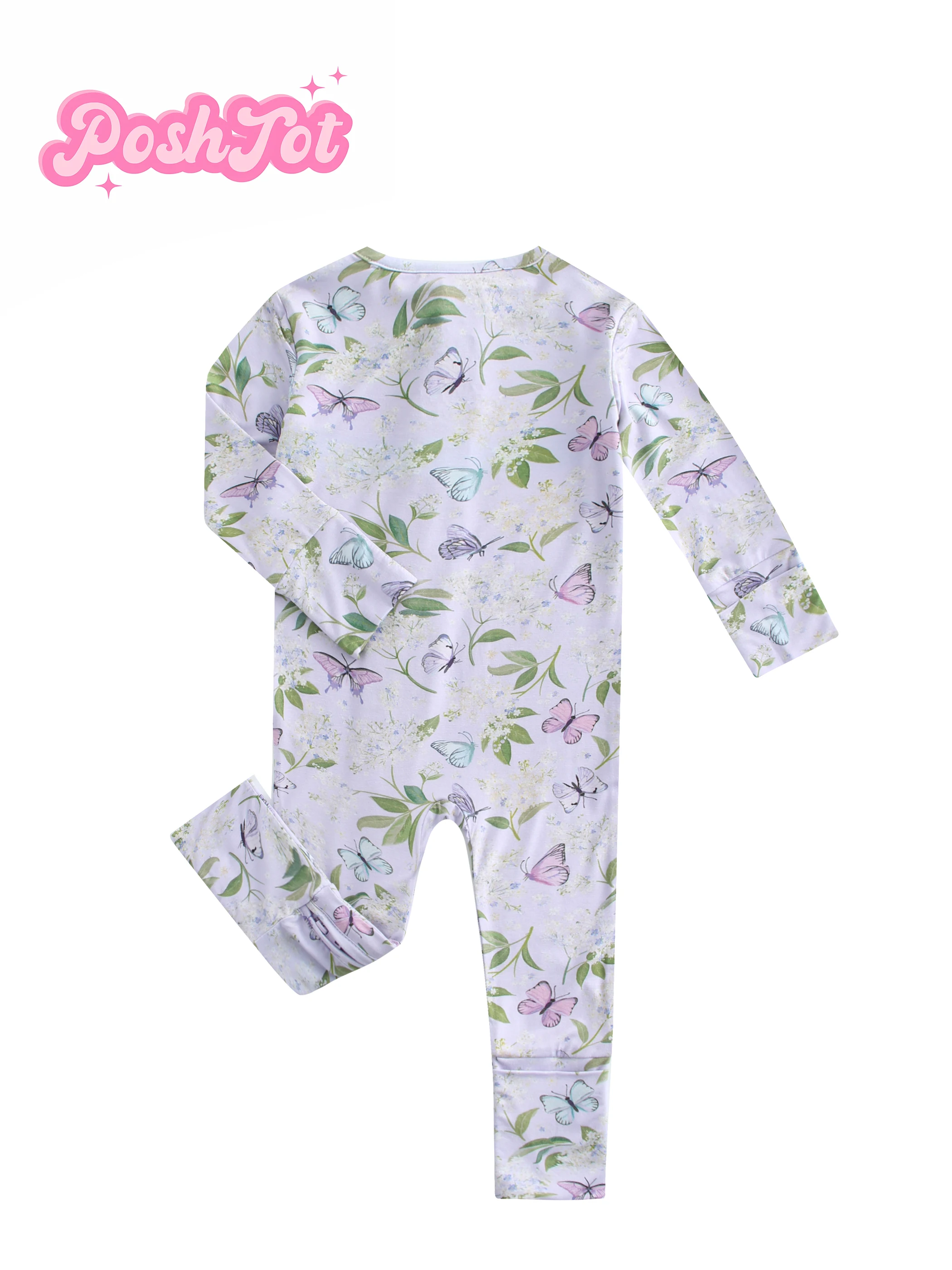 Poshtot purple Butterfly,Bamboo fiber baby crawler zip-up onesie fallow and play jumpsuit, hidden double zipper