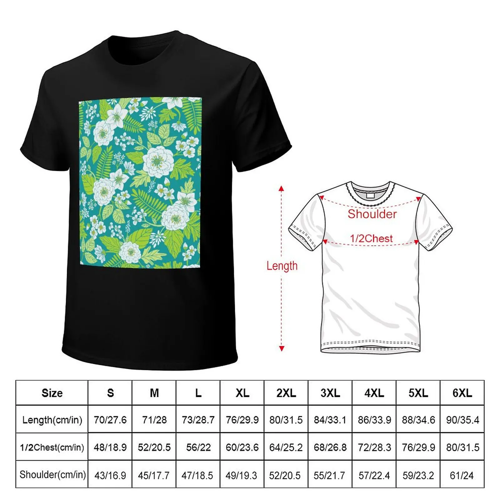 White, Lime Green, Teal, & Yellow Floral/Botanical Pattern T-Shirt Sports Casual Short Sleeve Cotton Tee