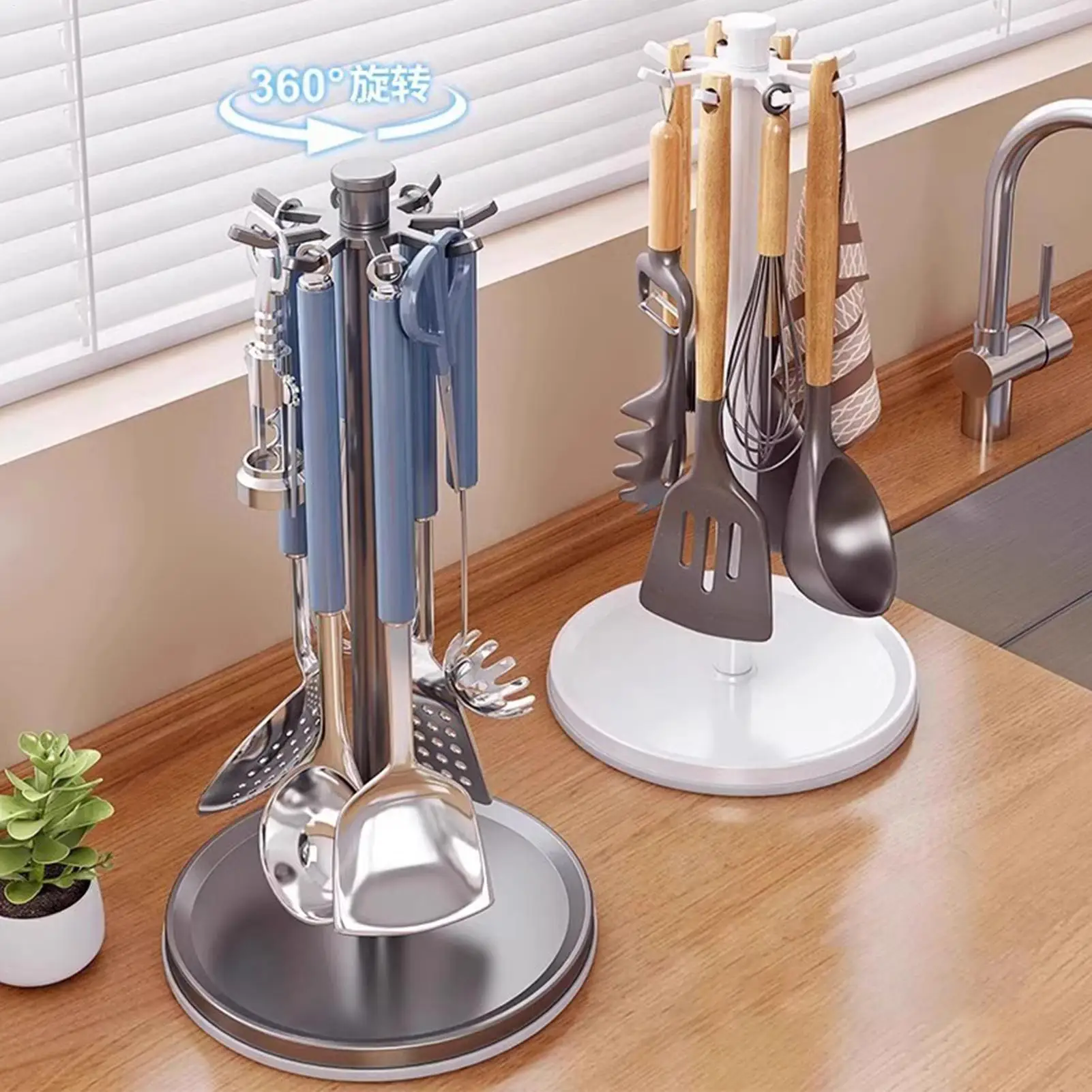 

Кухонная вращающаяся полка для лопаток, домашний держатель для кухонных принадлежностей с 8 крючками, подвижная полка для хранения кухонной утвари, кухонный органайзер
