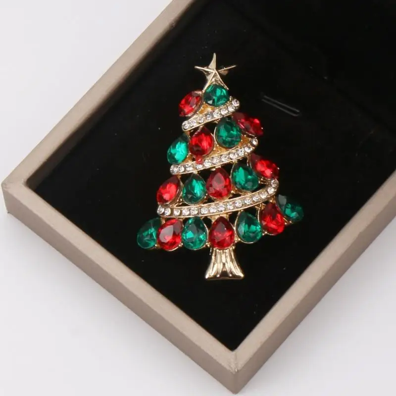 1PcsGold Plated Christmas Tree Brooch With Sparkly Red Green Rhinestones And Top Star Design Perfect For Holiday Parties Winter
