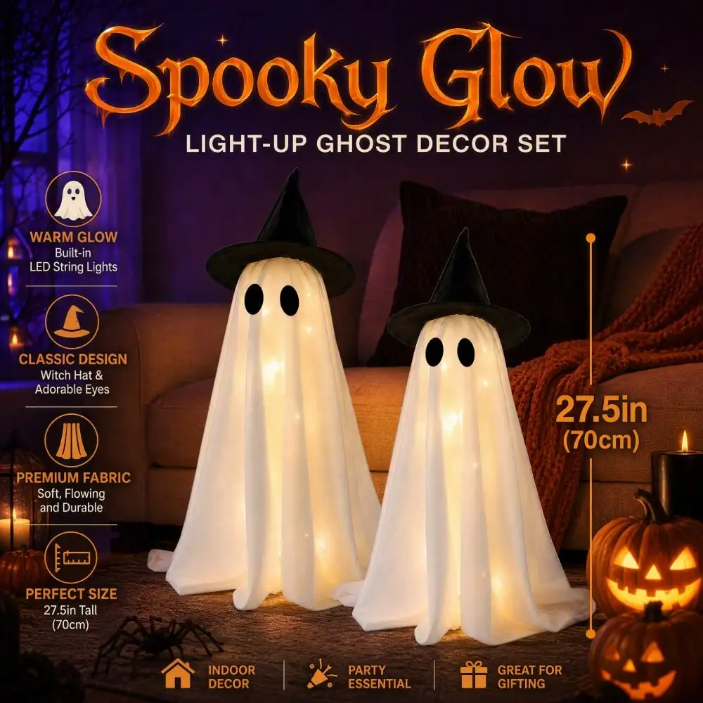 LED Light‑Up Witch Hat Ghost 2Pcs, Spooky Halloween Figurine, Table Centerpiece for Mantel Dining Table Party Decor view 2