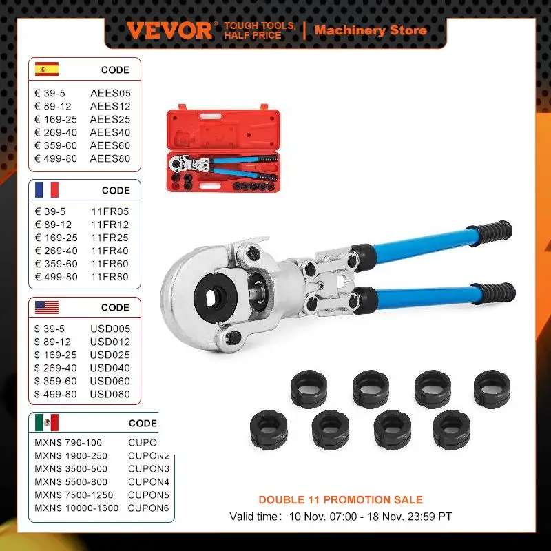 VEVOR Pipe Crimping Tools Copper Tube Fittings Crimper Plumbing Pressing Tongs Composite Kit with 8 Jaws TH 16-32mm V 12-28mm