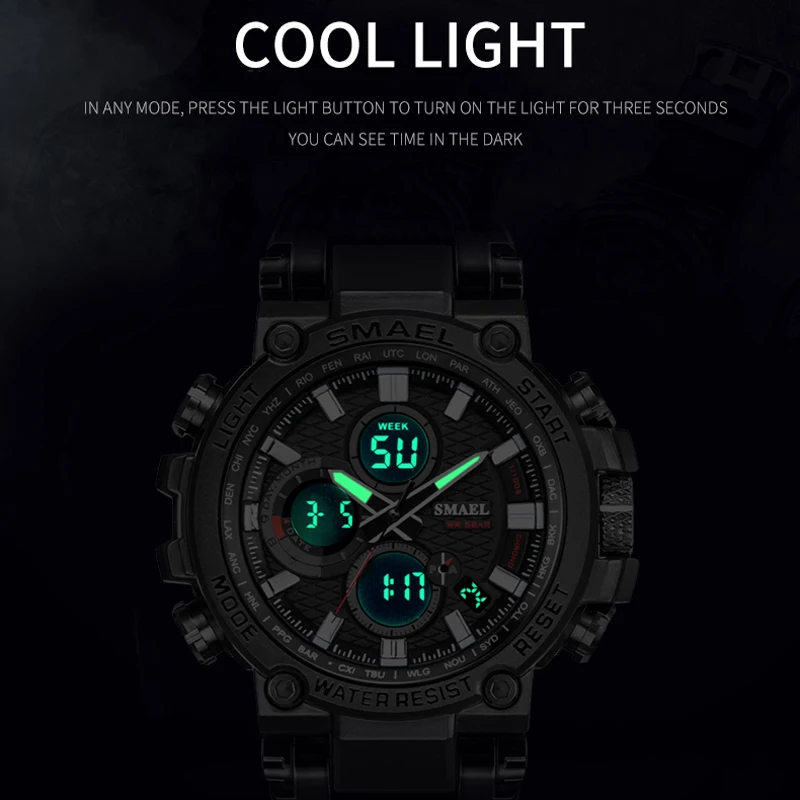 SMAEL Men Sport Watches Digital Double Time Chronograph Watch Mens LED Chrono Week Display Wristwatches Male montre homme Hour