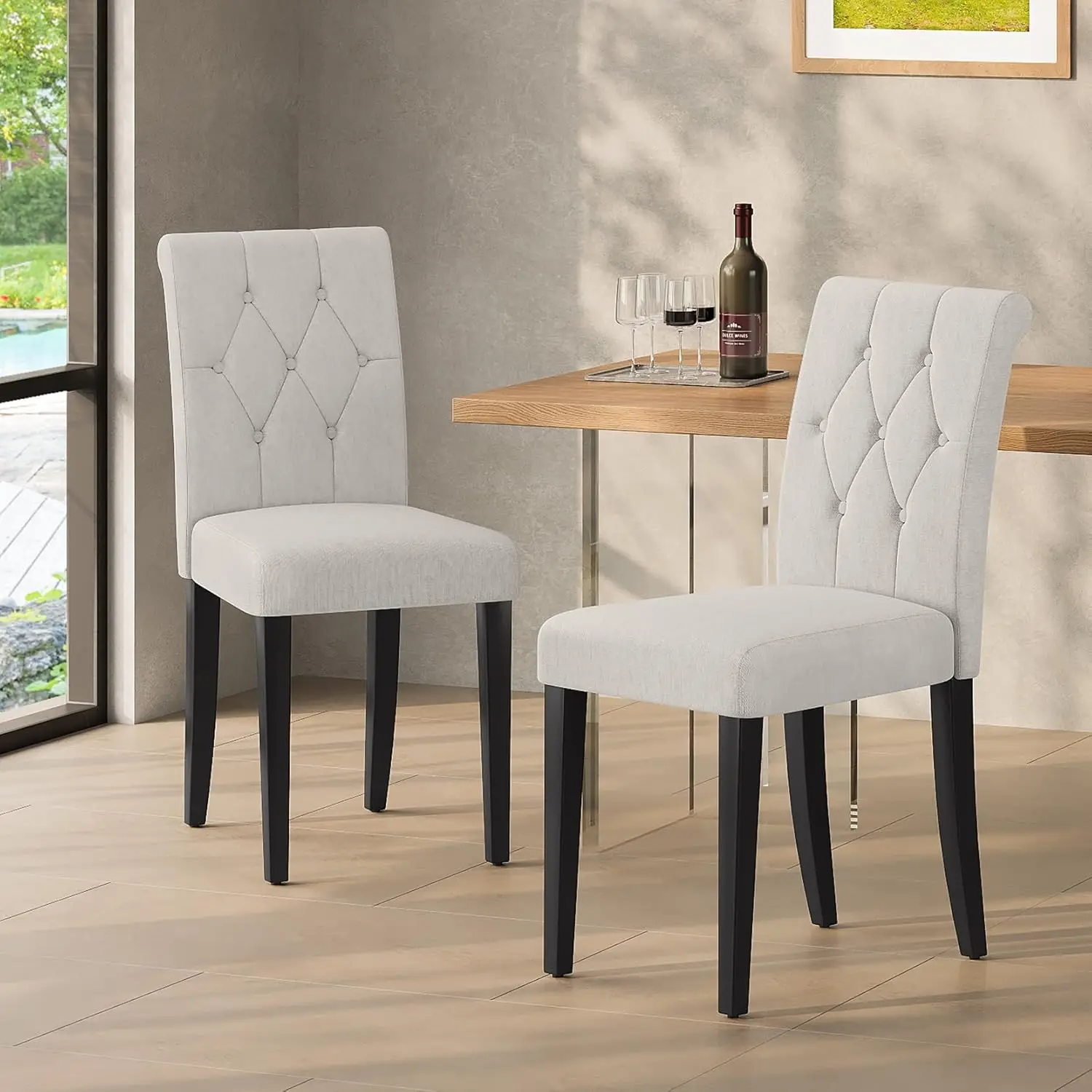 Juego de 4 sillas de comedor, silla de comedor Parsons capitoné con botones y patas de madera maciza, silla auxiliar de tela moderna para hotel/comedor/