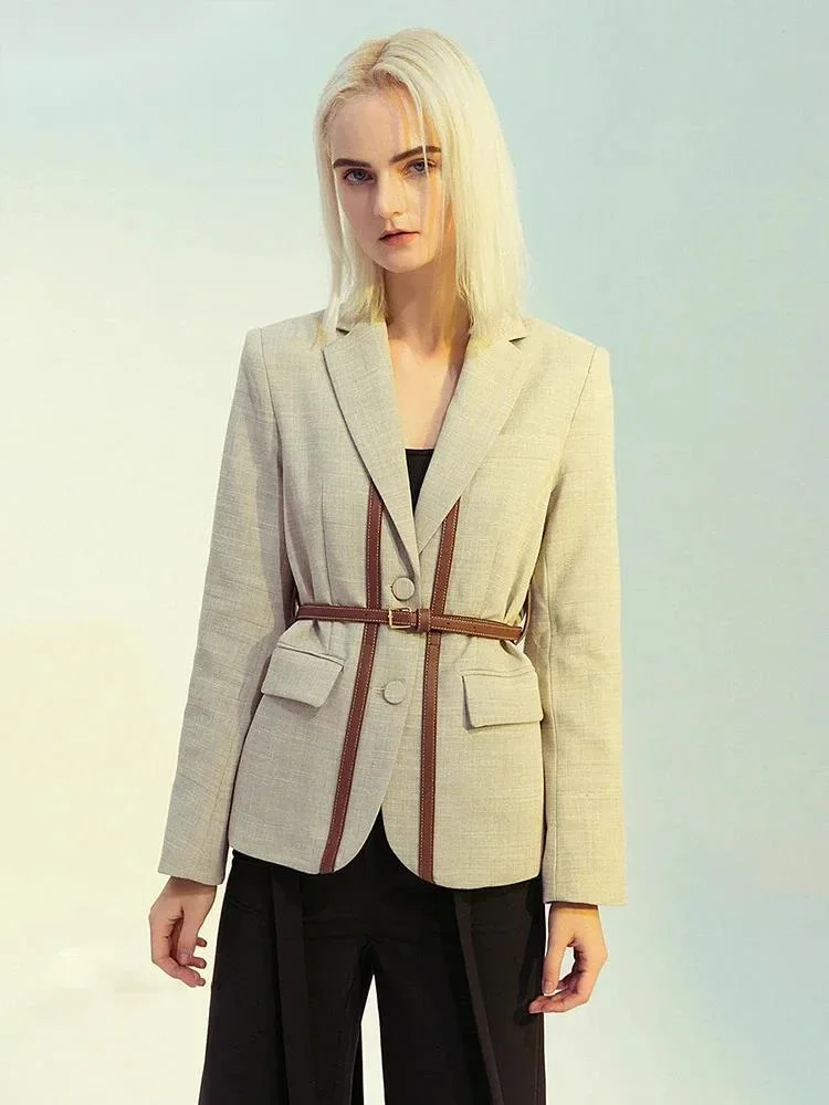 

Fashion PU Leather Patchwork Blazer Women's Lapel Loose Single Braested Belt Suit Jacket Spring Summer New 7CDPD