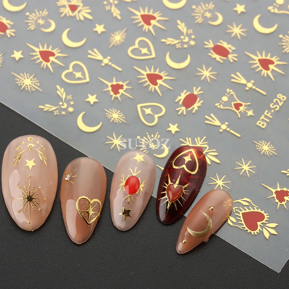 Holographic Heart Nail Stickers Chrome Gold Silver Moon Stars Nail Decals Korean Style Sliders Y2K Manicure Decoration NTBTF-S28