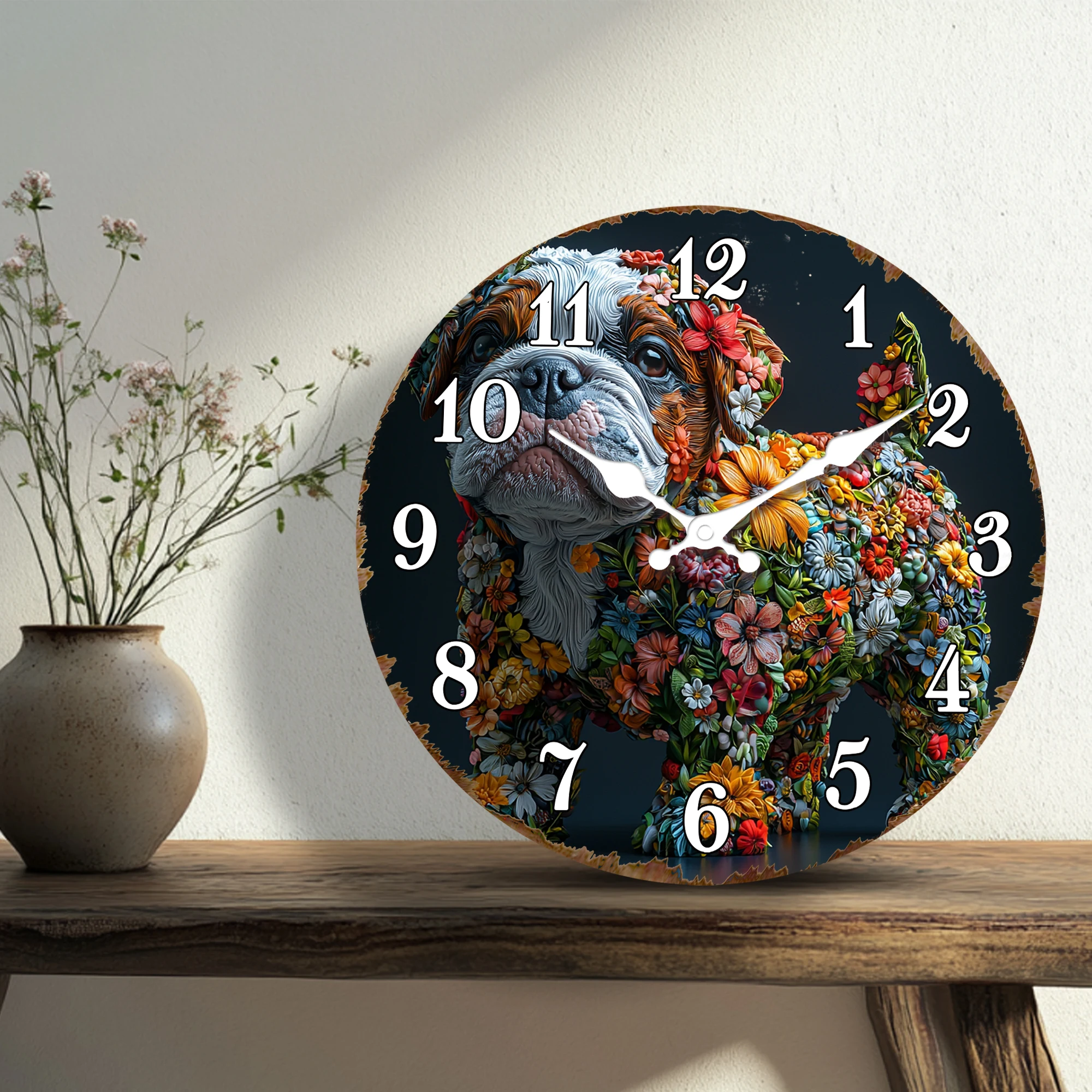 Bulldog Floral Pattern Wall Clock, Unique Dog Art Decorative Clock, Colorful Flower-Covered Bulldog Design Wall Watch for Pet Lo