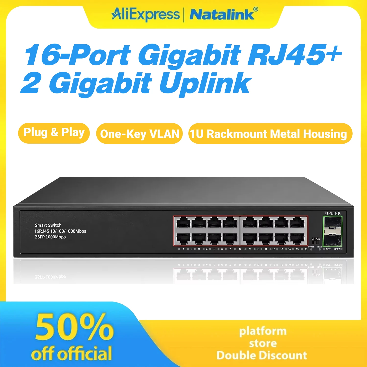 Natalink 16-Port Gigabit RJ45 Network Switch, 2 Gigabit Uplink Ports, One-Key VLAN, Plug and Play for Home Office CCTV