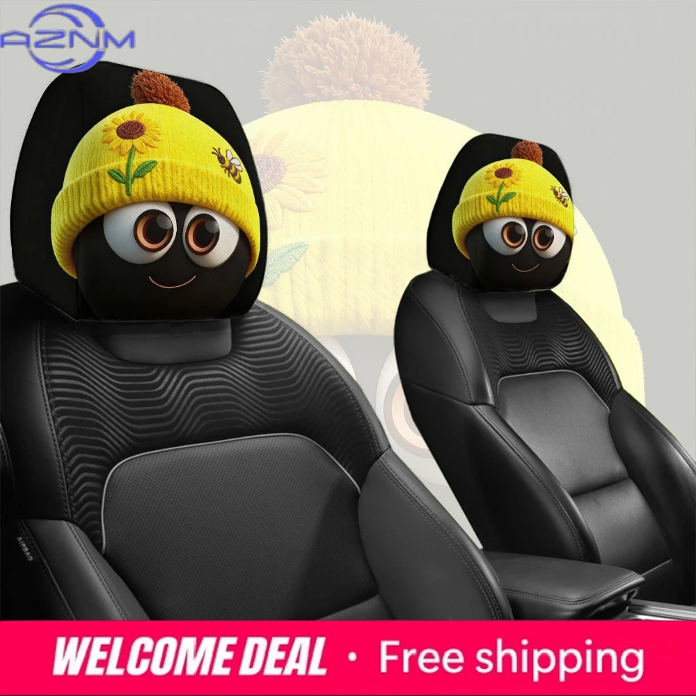 Cartoon Smiley Face Print Headrest Cover, Durable & Washable, Universal Car Headrest Cover for Daily Commuting & Road Trips