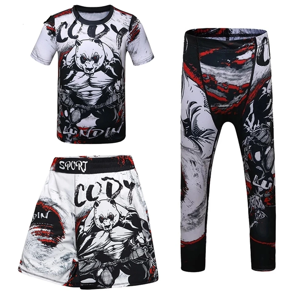 Koszulka dziecięca MMA Boxing Jiu jitsu + szorty MMA zestawy Rashguard Muay Thai Boy rajstopy uciskowe dzieci BJJ Kickboxing koszulki