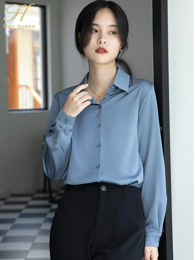 

H Han Queen 2025 Autumn Woman Clothes Satin Chiffon Loose Casual Women Shirt And Blouse Elegant Long Sleeve Office Vintage Tops