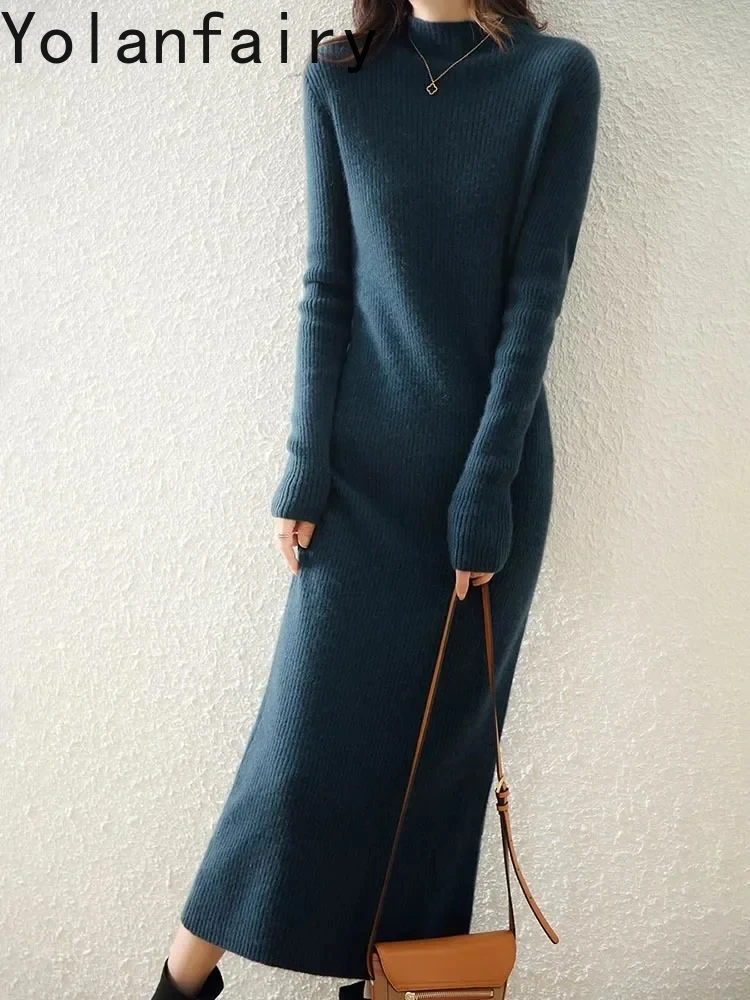 

Women Knitted Dress 100% Wool Sweater Dress Autumn Winter Slim Knit Maxi Long Sweater Dress Lady Pullover Dresses Solid Color