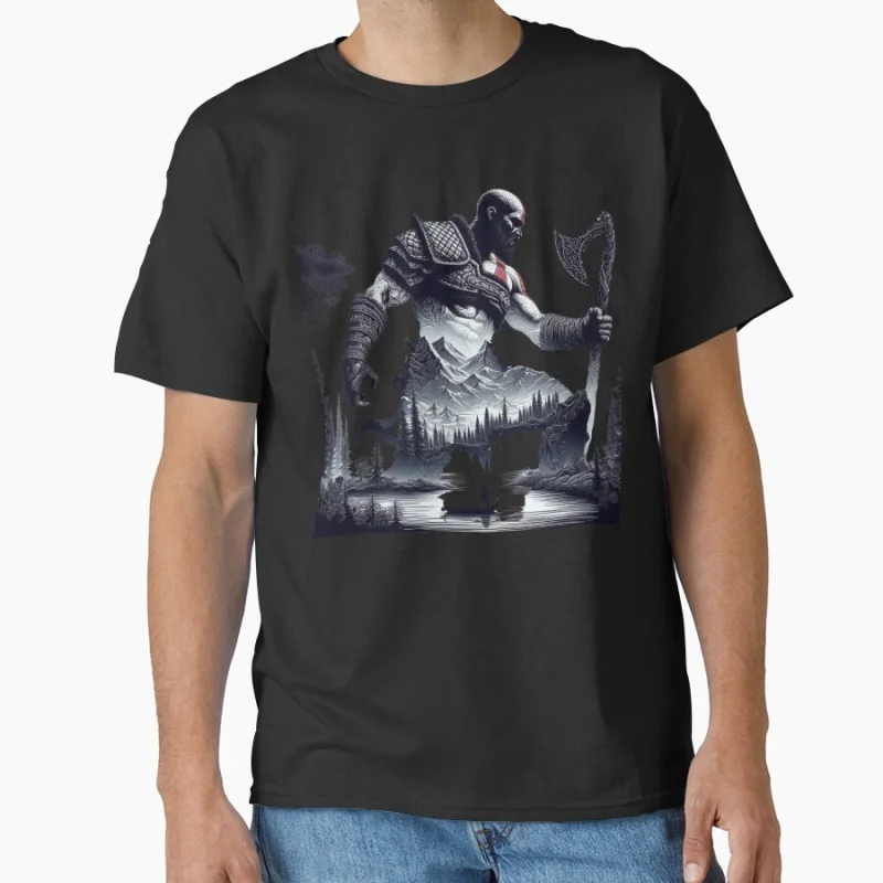 

KRATOS SILHOUETTE 80s video game God of war The warrior of gods Norse mythology Sparta T-shirt for men large size Tops s-6xl