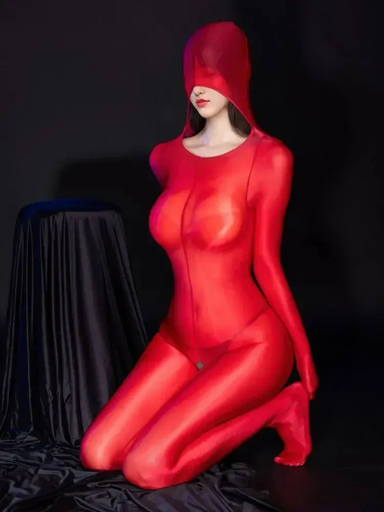 M XL Hooded Encased Hand Zentai Catsuit Shiny Bodystocking Open Crotch Bodysuit Tights Sexy Leotard Conjoined Jumpsuit Unitard