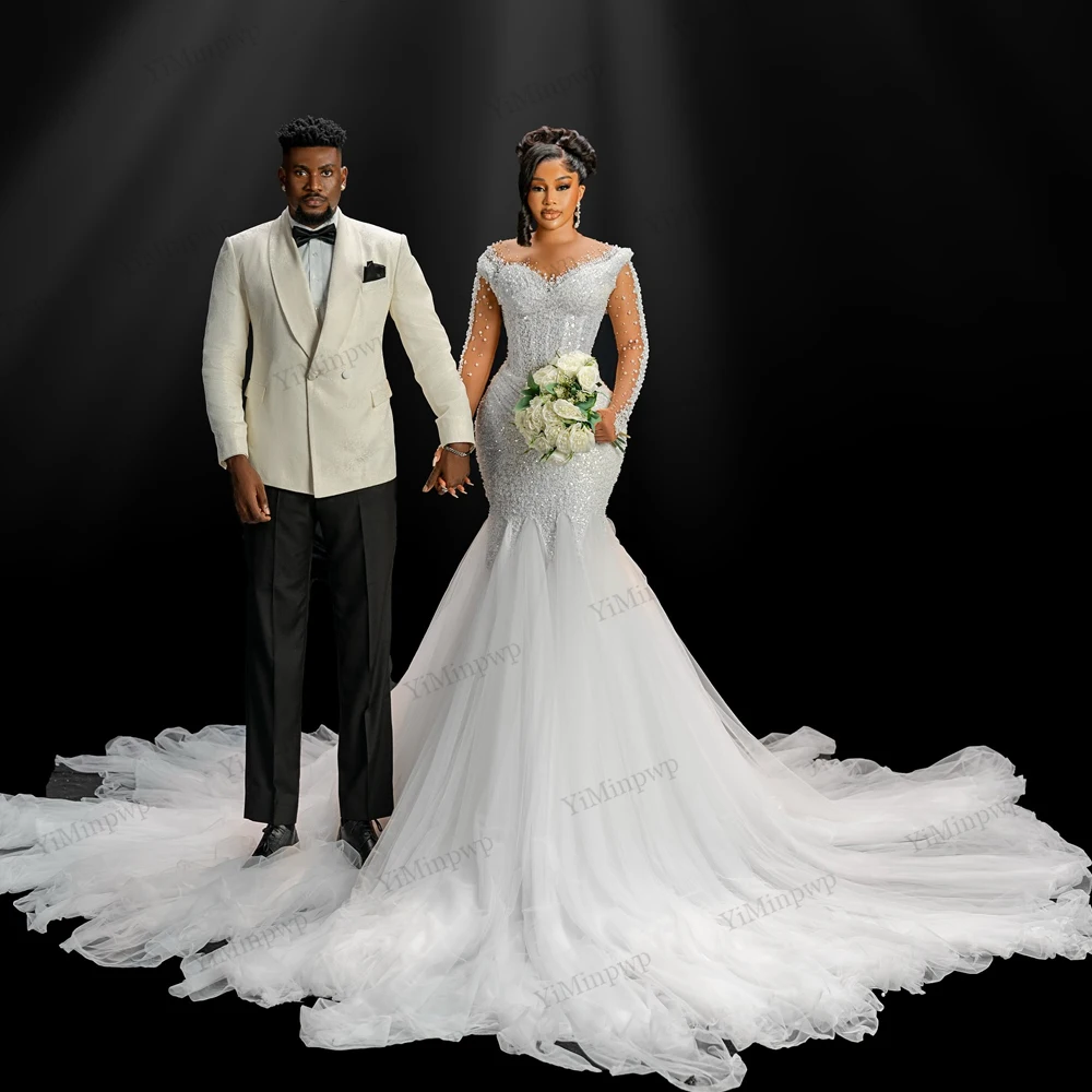 

Customized Shiny Sequined Beads Mermaid Wedding Dress African Pearls Sweep Train African O-Neck Full Sleeves Bridal Gown Robe
