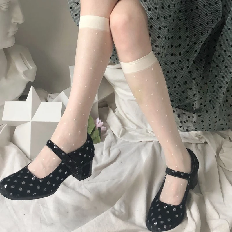 

Polka Dot Print Long Socks Lingerie Sexy Mesh Fishnet High Knee Sock Women Summer Nylon Thin Transparent Lolita Kawaii Stockings