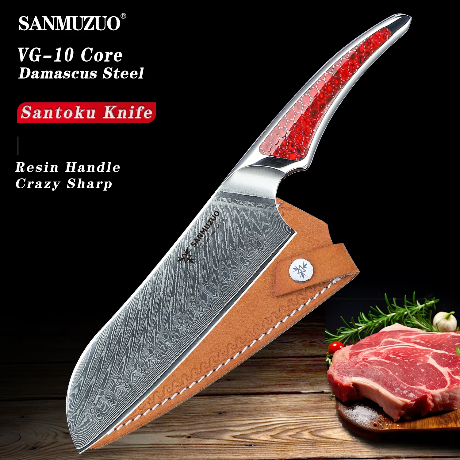 

SANMUZUO 7 inch Santoku Knife, Japanese VG-10 Damascus Steel Chef Knife, Resin Handle, LA-S9 Series ﻿