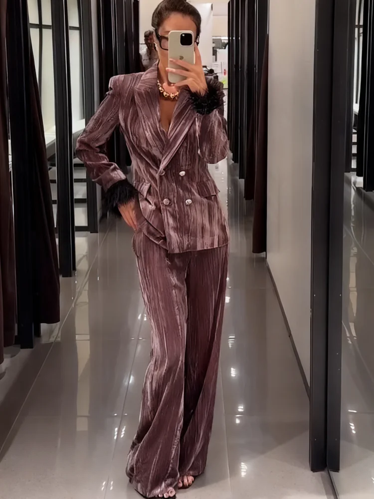 

Осень 2021, двубортный костюмный пиджак + брюки в европейском и американском стиле, украшенный перьями, комплект