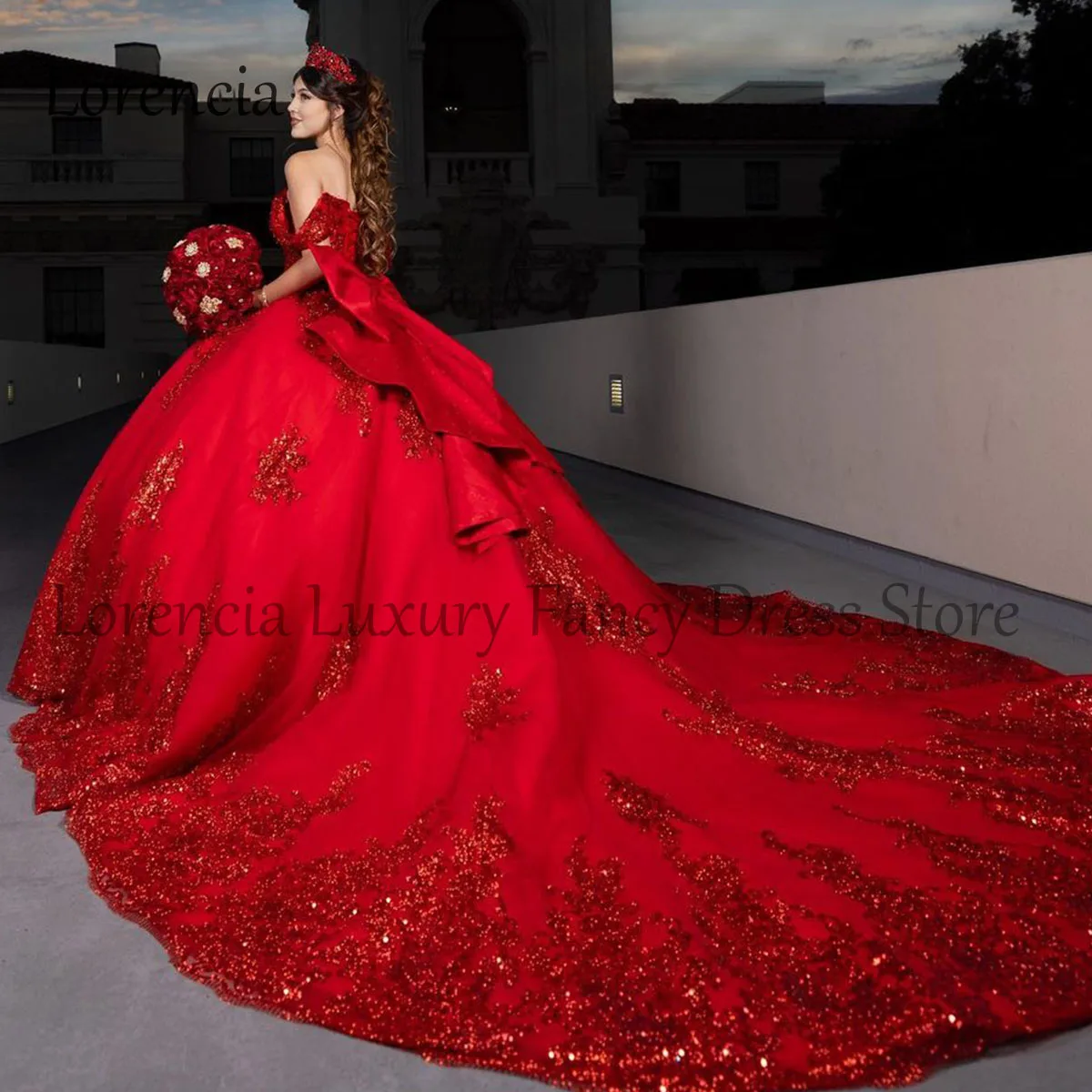 2024 Red Shiny Quinceanera Dress Ball Gown Off Shoulder 3D Flower Applique With Cap Sweet 16 Formal Vestidos 15 De XV Años